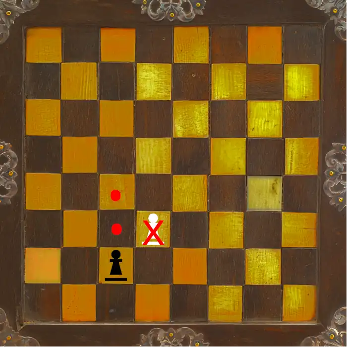 Pawns move forward one (or sometimes two) spaces to an empty space, or 
        capture diagonally forward.