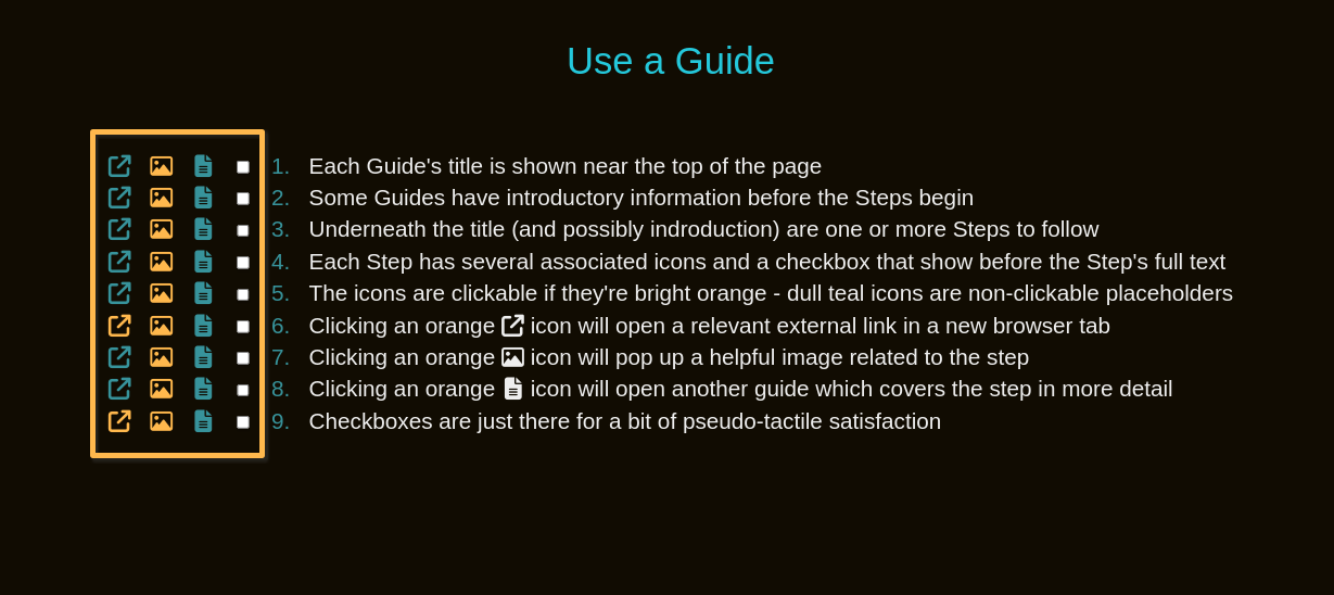 The  ,  , and  icons and checkbox are shown before each step's 
        number and full text