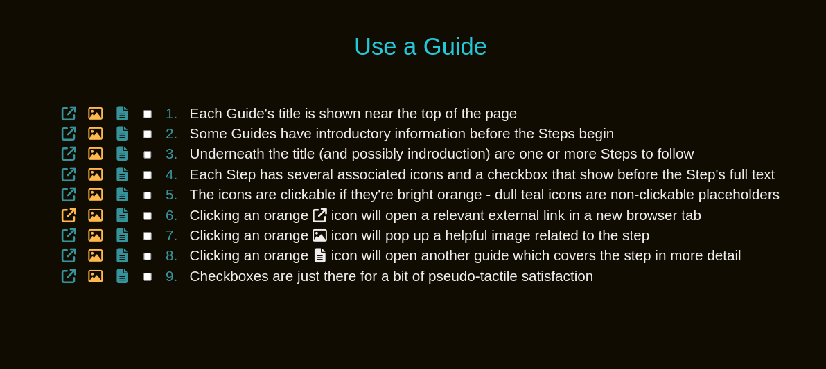 An example Guide page showing the title, steps, and icons for each 
        step's external link, image, and details link.